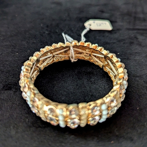 Gold White Rhinestone Beaded Bracelet Bangle Stretchable Adjustable Boho Preppy - Picture 4 of 7